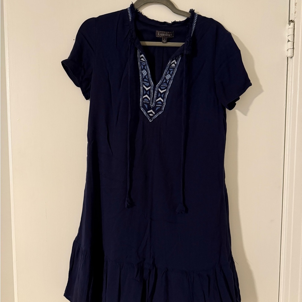 Luxology Midnight Blue Dress with Embroidered Accents